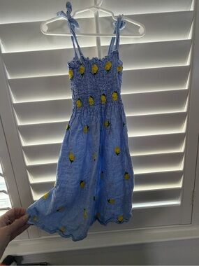Blue Girls' Cotton smocked Sundress with Yellow Lemon Embroidery Made in Italy